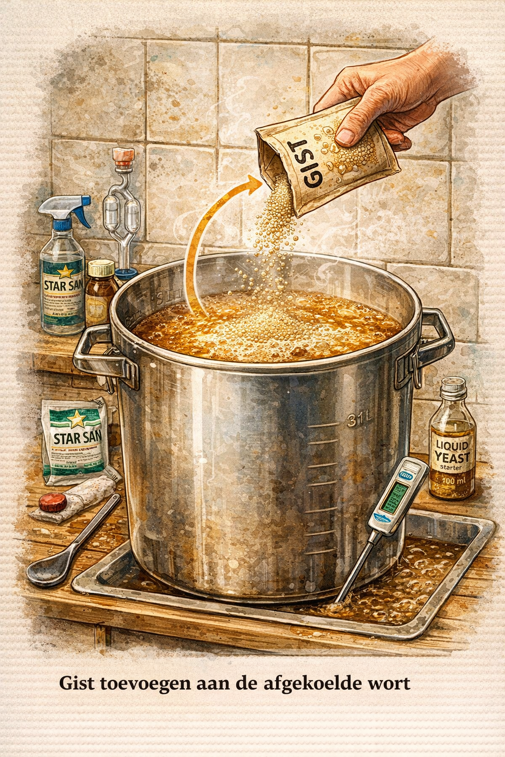 gist toevoegen aan afgekoelde wort voor start van de vergisting