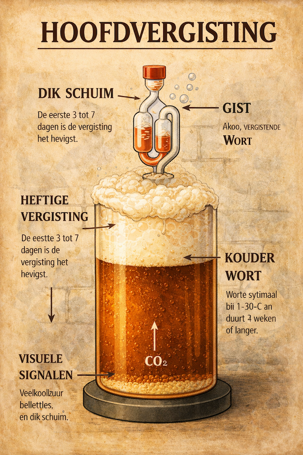 hoofdgisting met veel activiteit en schuimvorming in het vat
