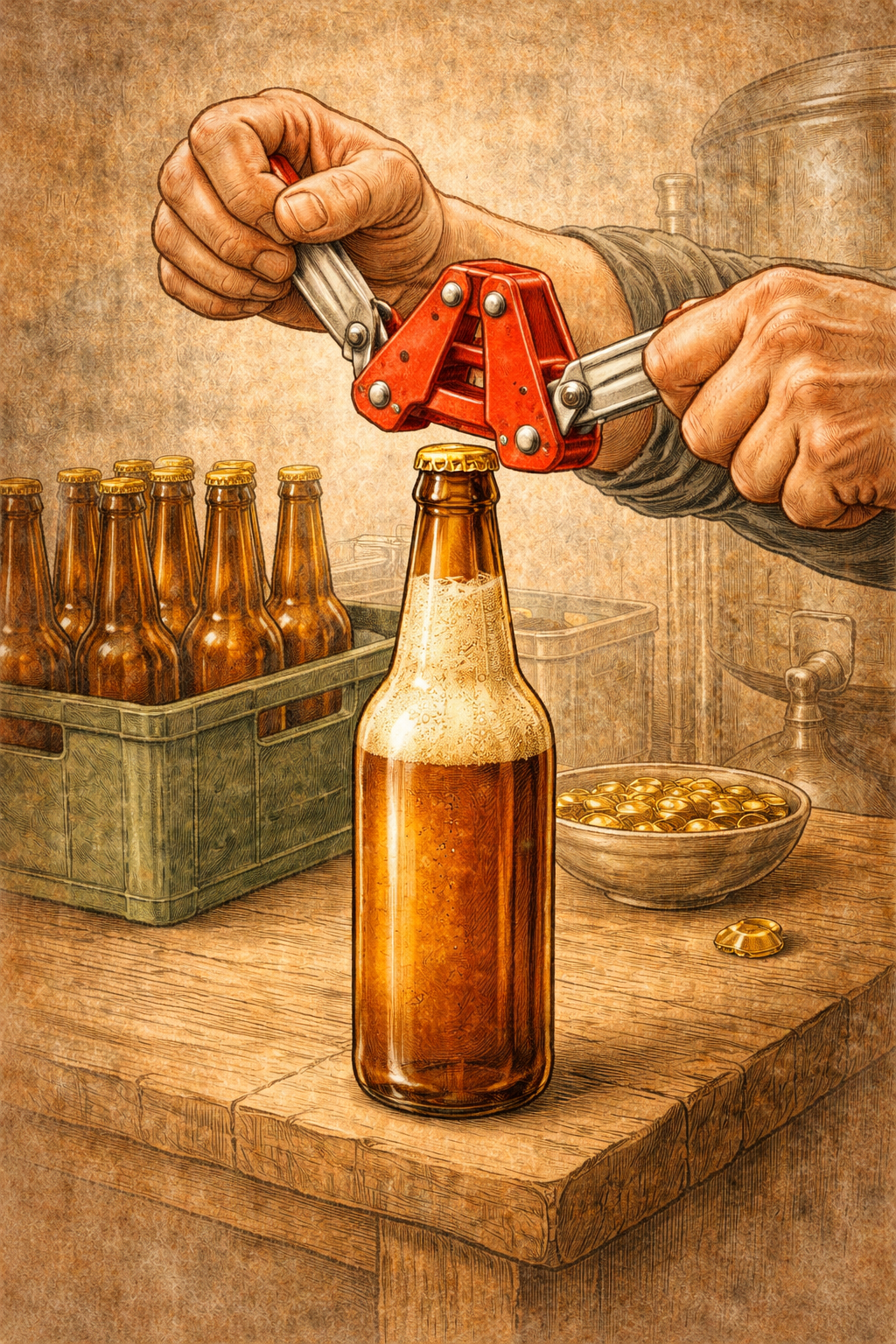 kroonkurk plaatsen op bierflesje met kroonkurkapparaat