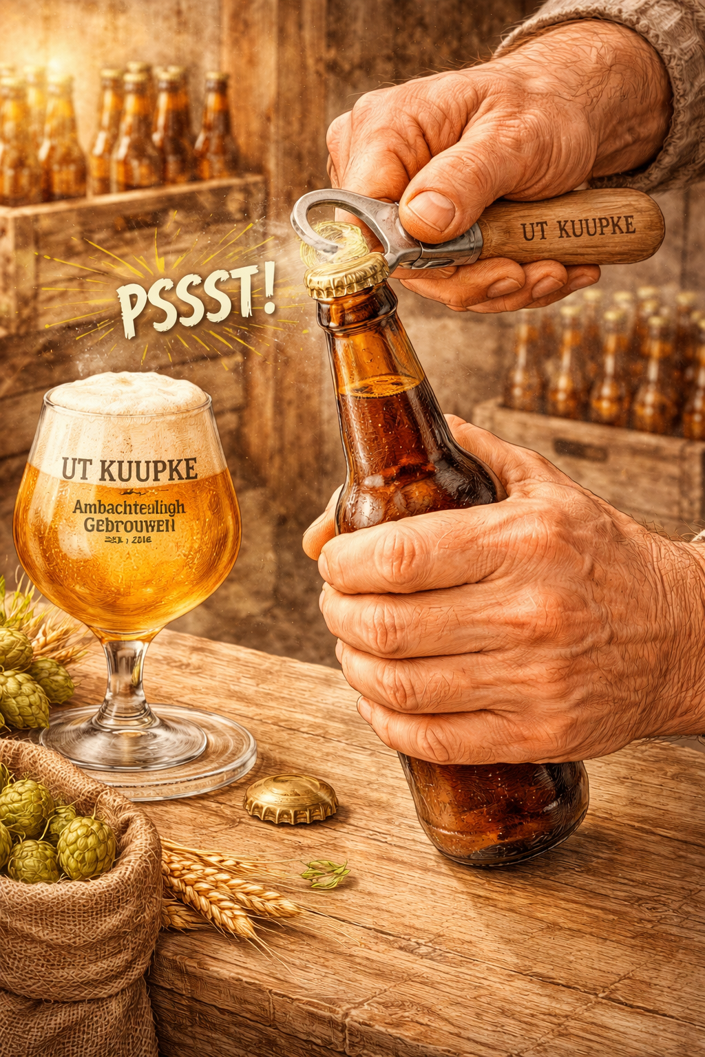 bierflesje openen met opener voor het proeven van zelf gebrouwen bier