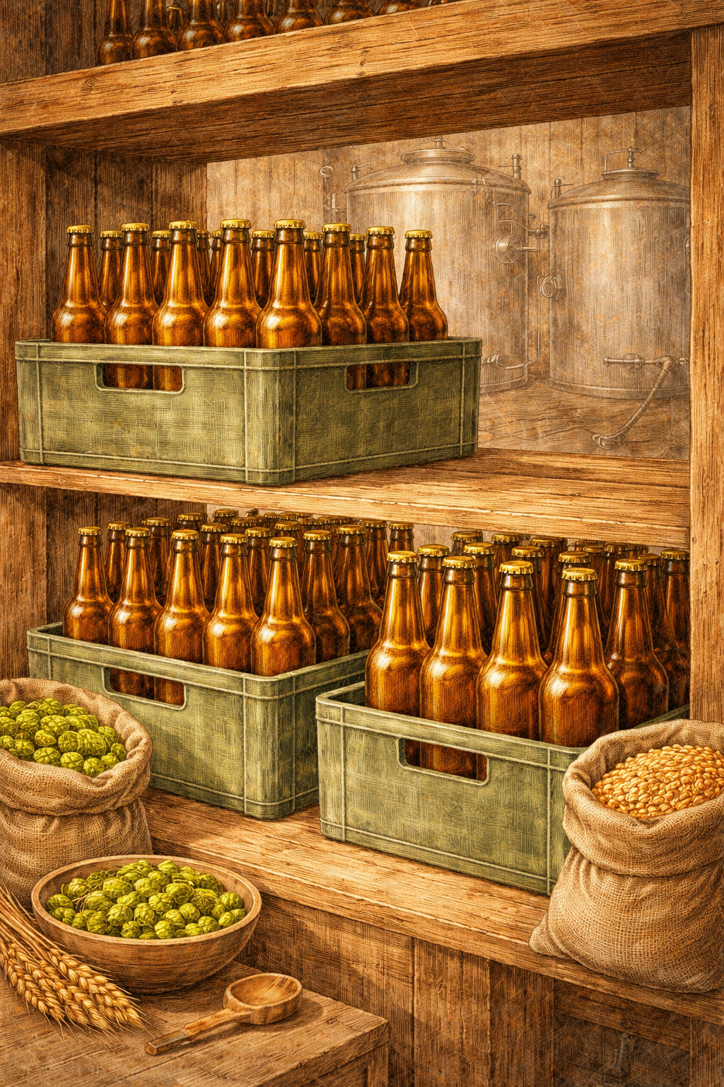 bierflesjes rijpen tijdens nagisting op fles in krat