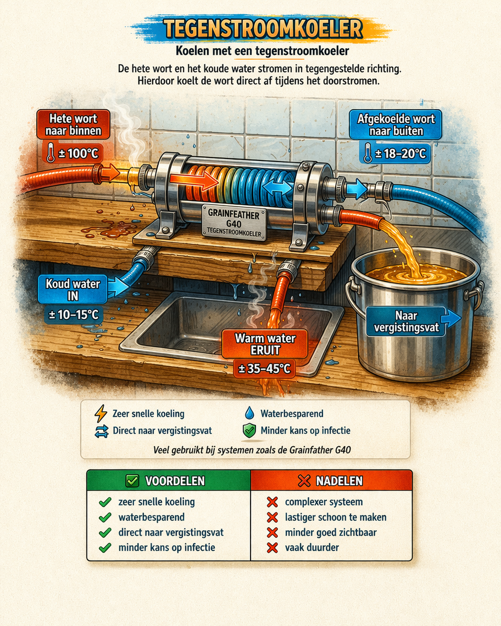 tegenstroomkoeler waarbij hete wort en koud water in tegengestelde richting stromen